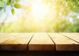 Wooden table outdoors, bright sunlight, nature background