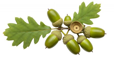 Oak Tree Leaves and Acorns Detailed Botanical Close Up Real Shot Isolated Against White Background Highlighting Leaf Shape and Acorn Development