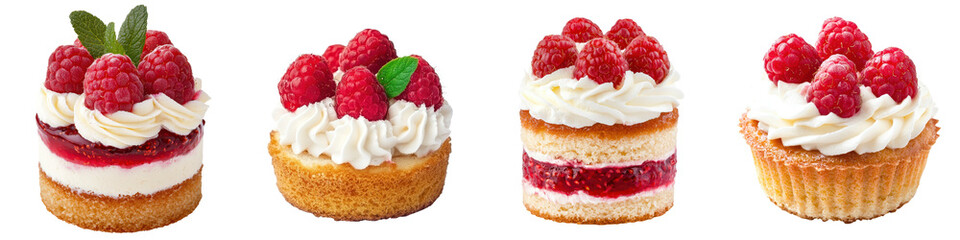Mini cake topped with raspberries and whipped cream