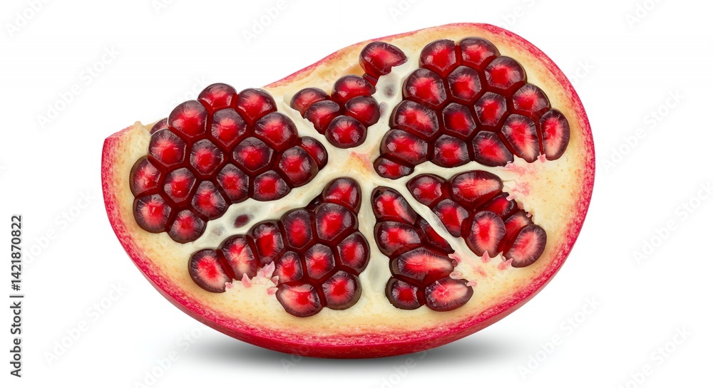Poster vibrant pomegranate slice isolated on white displaying red arils and seed structure macro shot