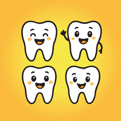 Children teeth care and hygiene cartoon flat vector icons. Smiley tooth 