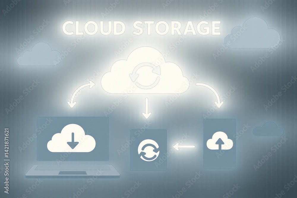 Poster a digital illustration of cloud storage technology, illustrating data syncing between devices and th
