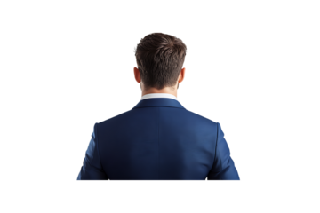 Man in a suit walking away, viewed from the back, with a transparent background