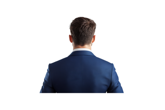 Man in a suit walking away, viewed from the back, with a transparent background