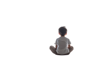 Young kids sitting with his back facing the viewer, on a transparent background