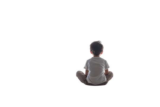 Young kids sitting with his back facing the viewer, on a transparent background