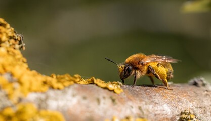 A close-up macro shot of a bee collecting pollen from a yellow flower on a sunny day.