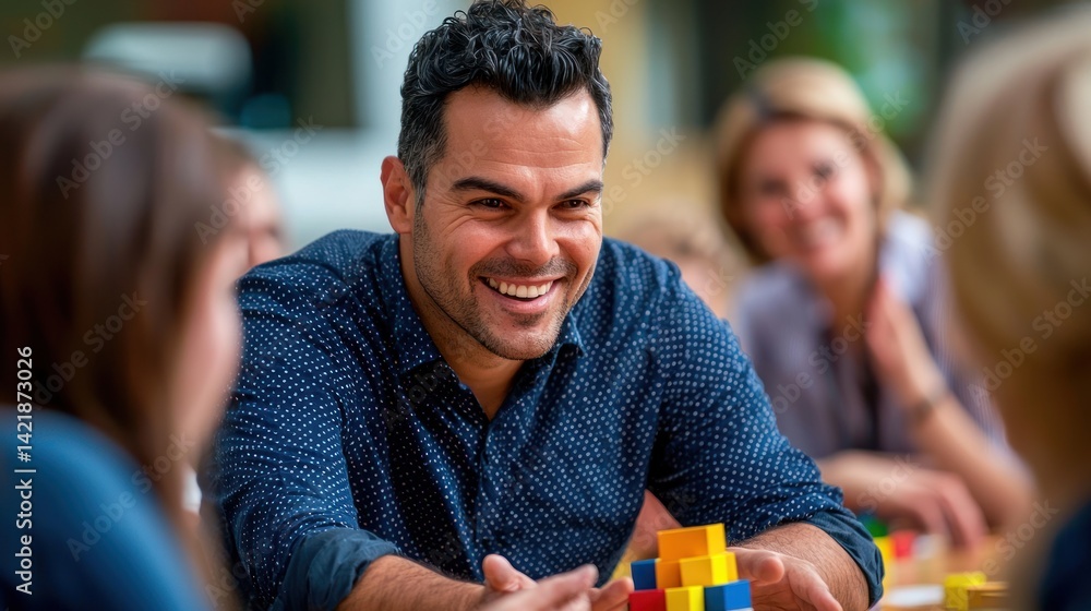 Poster a trainer leads a team-building exercise as part of business training, encouraging collaboration and