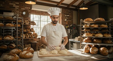 Baker Shaping Dough in Rustic Bakery