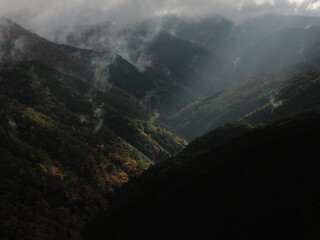 紅葉の山に差し込む光