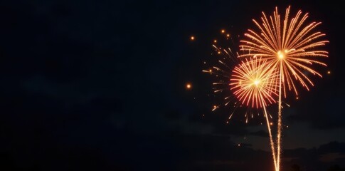 Golden firework bursts against a black night sky, sparkling festive design , bright, dramatic