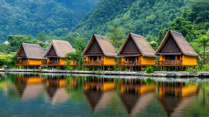 Naklejka premium Overwater Bungalows with Thatched Roofs Reflecting on Calm Water
