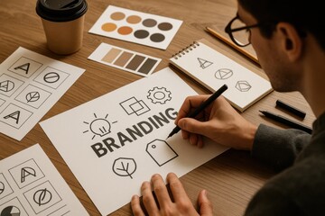 A person working on branding concepts, sketching logo ideas and design elements on paper, illustrating creativity and strategy in a professional workspace.