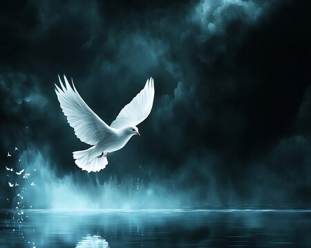 Stormy sea with a single dove flying overhead peace within chaos