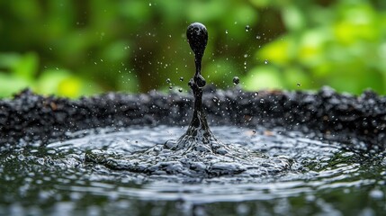 Water droplet impact, dark liquid, nature background, splash photography, environmental