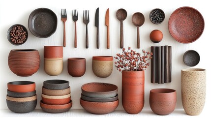 Assorted ceramic tableware on white surface; display of bowls, mugs, spoons, forks, knife, and small objects. Possible use for catalog, website, or advertisement