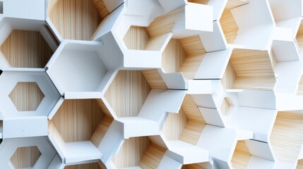 Multiple stacked hexagonal shelves creating a geometric composition.