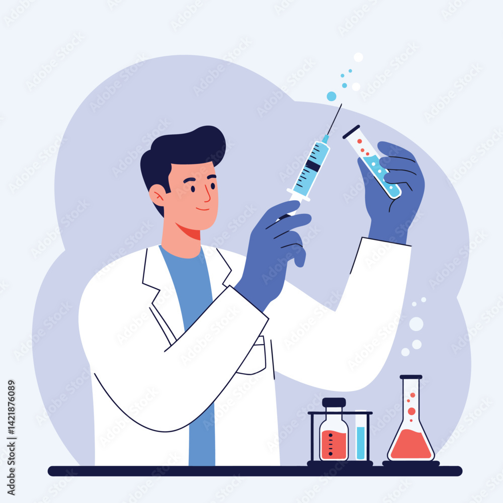 Poster scientist conducting experiment with syringe and test tube in laboratory environment vector illustra