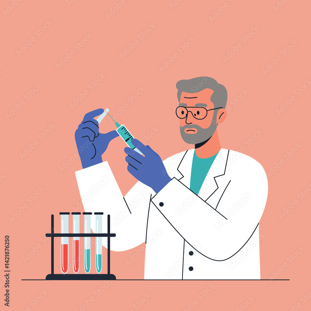 Poster scientist preparing syringe with vaccine in laboratory setting vector illustration with test tubes a