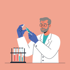 Scientist preparing syringe with vaccine in laboratory setting vector illustration with test tubes and lab coat 