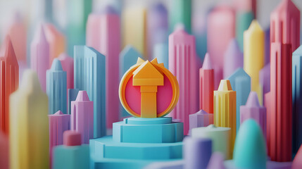 Obraz premium Pastel Cityscape with Upward Arrow Symbol