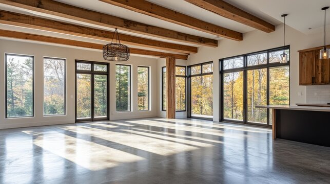 Modern empty living room with exposed wooden beams, raw concrete floor, minimalist pendant lights, and large Nordic-style windows