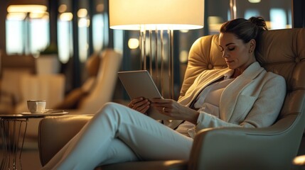 An executive relaxes in a luxurious business class lounge, sipping coffee and reviewing emails during a layover on their travel itinerary