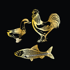 Elegant Gold Line Art of Farm Animals