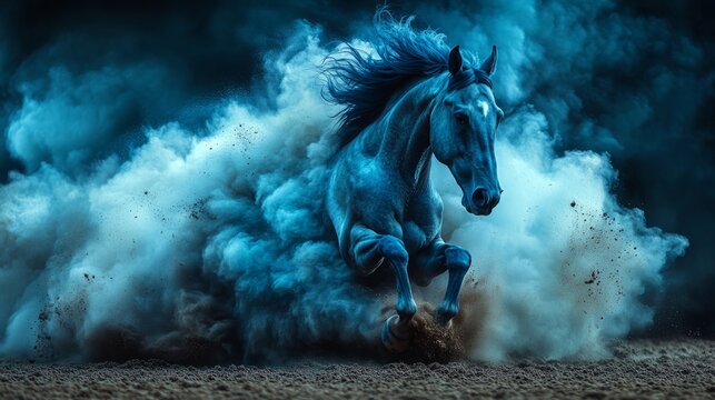 A strong stallion bolts through dust, creating an awe-inspiring scene