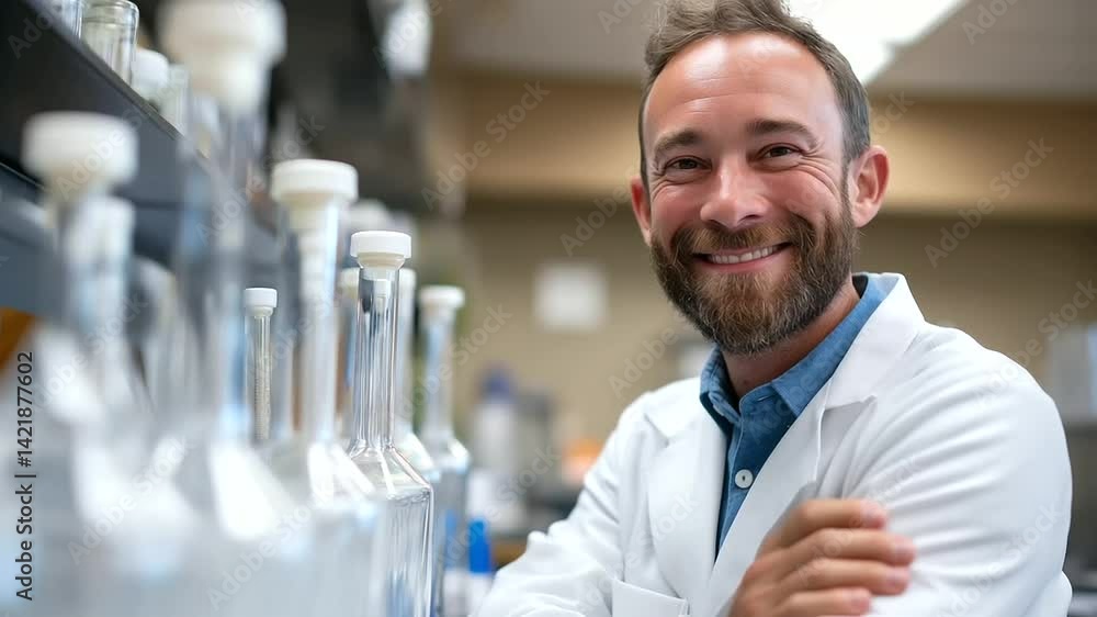 Poster a scientist in a pristine laboratory demonstrating groundbreaking research and innovation.