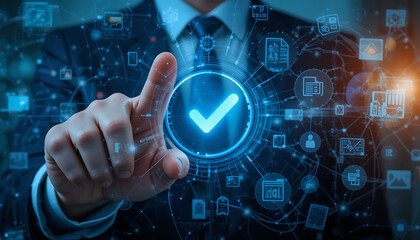 Man’s finger interacting with a holographic check mark, with floating digital files and documents in the background. Blank space available