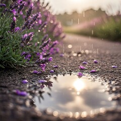 Rain droplets clinging to flower petals, sky reflecting in puddles, earth breathing slowly beneath soft clouds and the scent of rain.