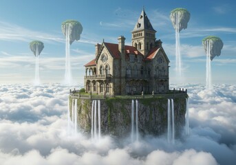 Obraz premium Grand mansion perched high above the clouds with ethereal waterfall formations