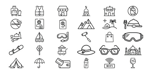 Fototapeta premium Travel vector icon set design for web and business includes hotel and home pictograms