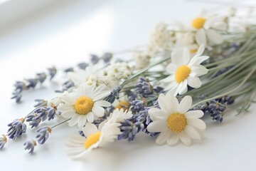 Obraz premium Bright White Surface with Scattered Summer Floral Arrangement