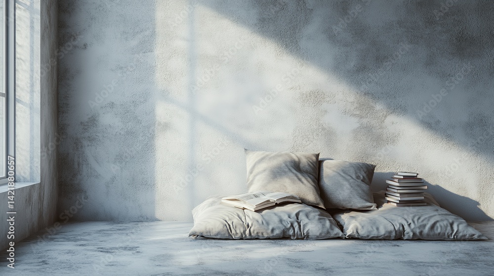 Poster minimalistic indoor setup with abstract sculptures showcasing modern design aesthetics in soft light