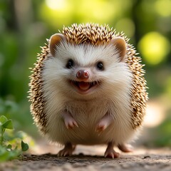 Obraz premium Adorable hedgehog with wide smile. Small, fluffy creature with spiky quills, standing in a natural setting. A heartwarming and cute image