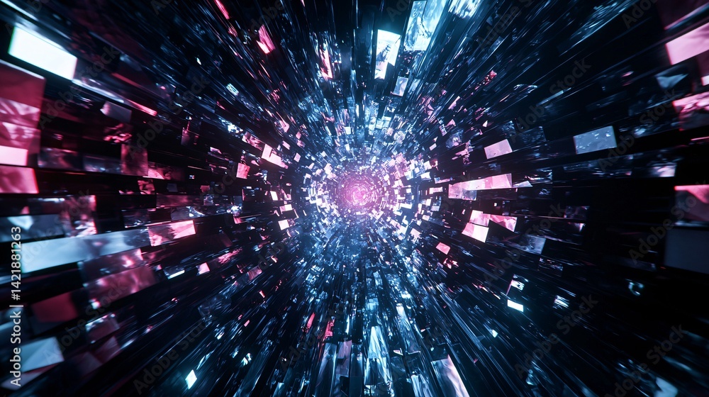 Poster a very colorful and abstract design representing the cosmic space-time continuum with volumetric lig