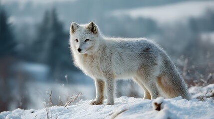 A white arctic fox standing in the snow covered landscape looking to its left side in winter