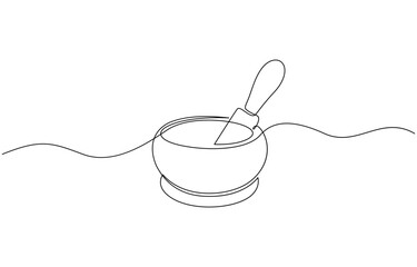 Singing bowl icon continuous one line drawing, Tibetan singing bowl with a wooden resonant stick, Continuous Line Drawing of Herbal Medicine Icon. Hand Drawn Symbol Vector Illustration.
