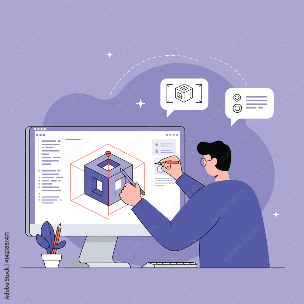 Fototapete 3d modeling software user designing geometric cube on computer screen with purple background vector 