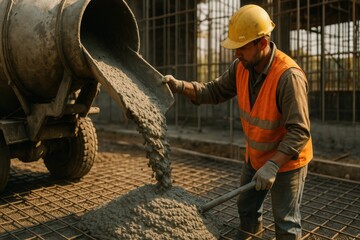 A construction worker wearing a helmet and safety vest pours cement from a mixer onto a building site, showcasing hard work and dedication in the construction industry.