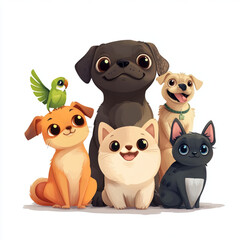 Fototapeta premium Adorable cartoon pet group. Includes dogs, cats, and a bird, all with big eyes and smiles in a colorful, inviting presentation.