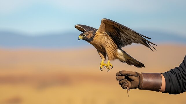 A skilled black male falconer uses a leather glove to train a raptor in a vast outdoor setting. The falcon is preparing to take flight against a backdrop of rolling hills