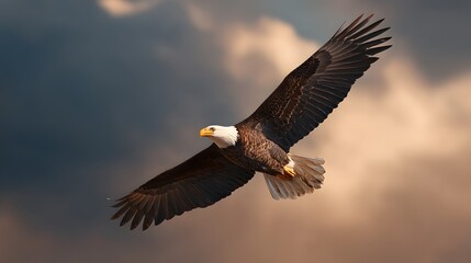 Obraz premium A bald eagle soars through the cloudy sky with its wings spread wide in a majestic display of freedom