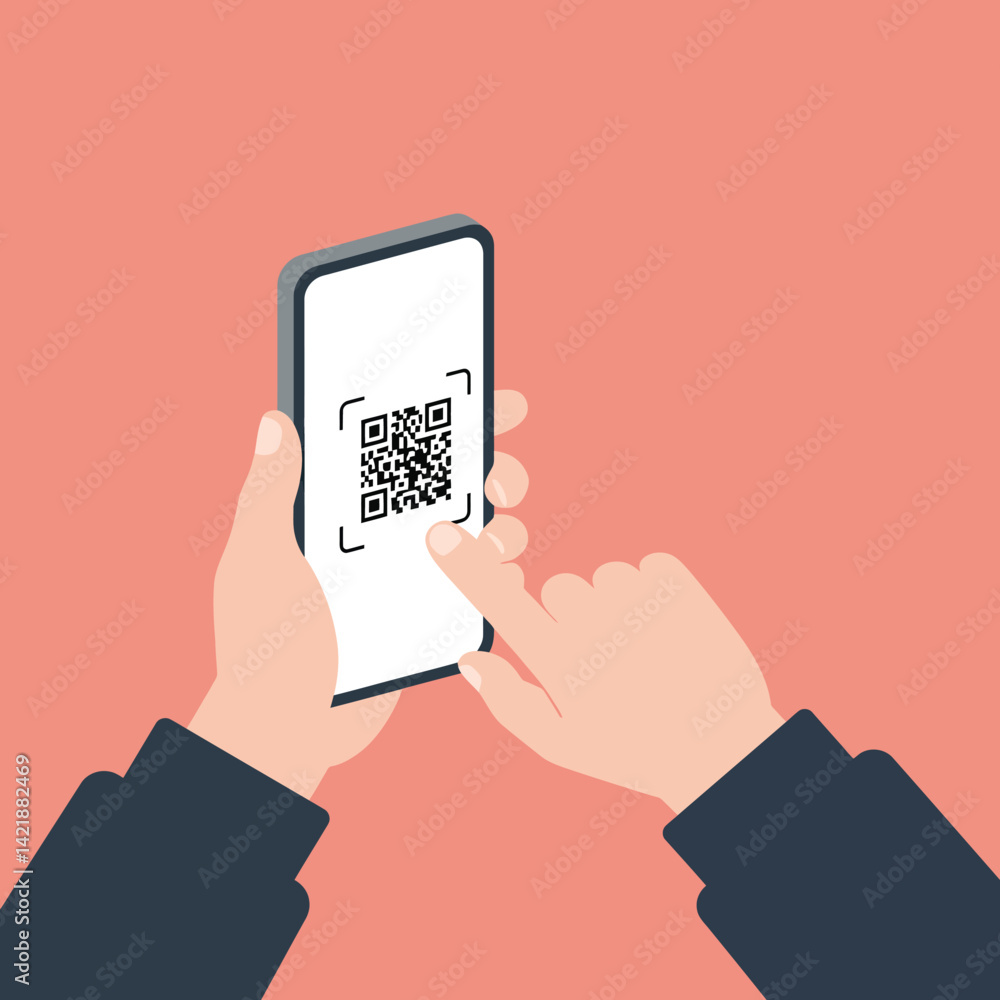 Poster smartphone with qr code scanning on screen in flat style for digital payment or information access v