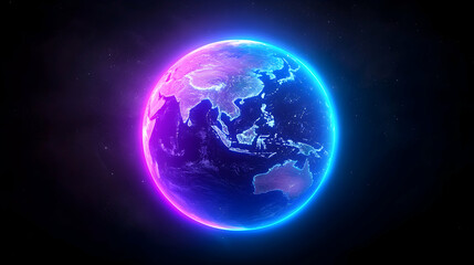 Fototapeta premium Glowing Pixel Earth in Space: Neon Blue Pink Universe Background