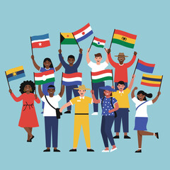 Diverse Group of People Holding Various National Flags Celebrating Unity and Multiculturalism in Vector Illustration 