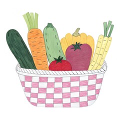 Colorful basket of fresh vegetables including cucumbers, carrots, peppers, and more, showcased with a checkered pattern, representing health and nature's bounty.