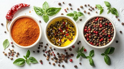 Assorted spices and herbs on a white surface.  Possible use Food photography, culinary blog, recipe inspiration